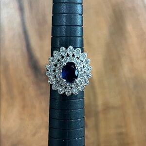 Elegant Sapphire and CZ Floral Ring